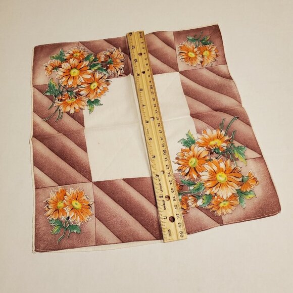 Vtg Floral Handkerchief Orange Daisey Brown Green 11"x12" Retro Fall Colors - Picture 7 of 8